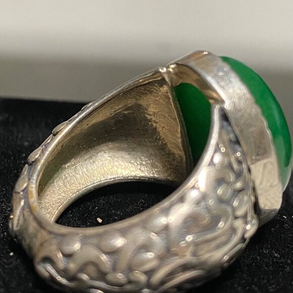 Ring Jade Size 8 Vintage Relief Design Jewelry Sterling Silver Tested - Picture 12 of 13